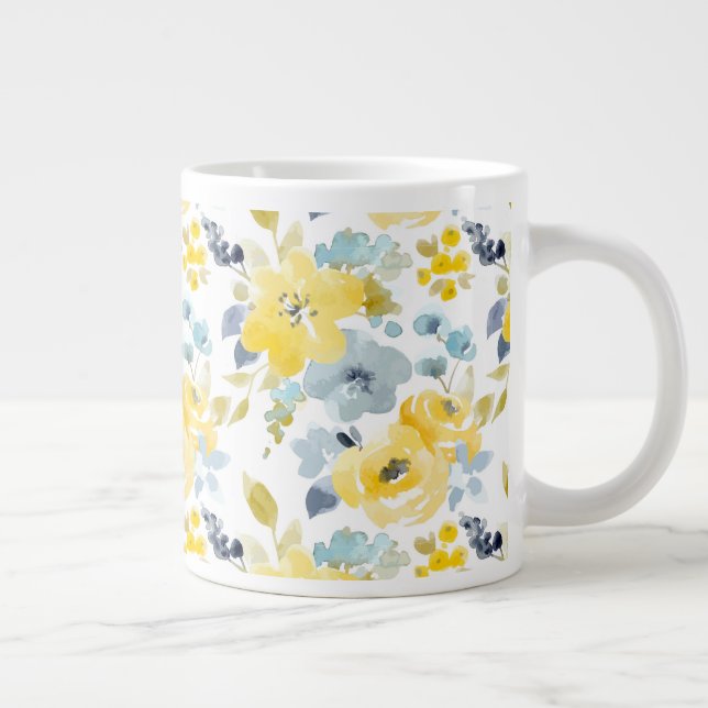 Yellow & Blue Watercolor Pattern Large Coffee Mug (Right)
