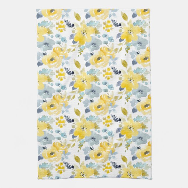 Yellow & Blue Watercolor Pattern Tea Towel (Vertical)