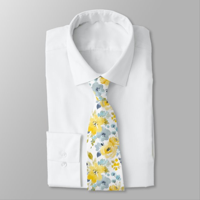 Yellow & Blue Watercolor Pattern Tie (Tied)