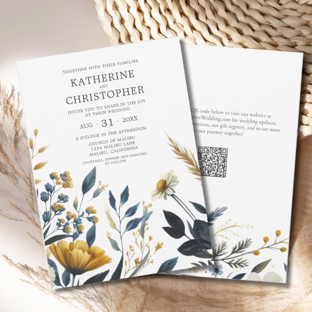 Yellow Blue Watercolor Wildflowers Elegant Wedding Invitation (Blue Yellow Elegant Wildflowers Wedding Invitation with QR Code for Wedding Website.)
