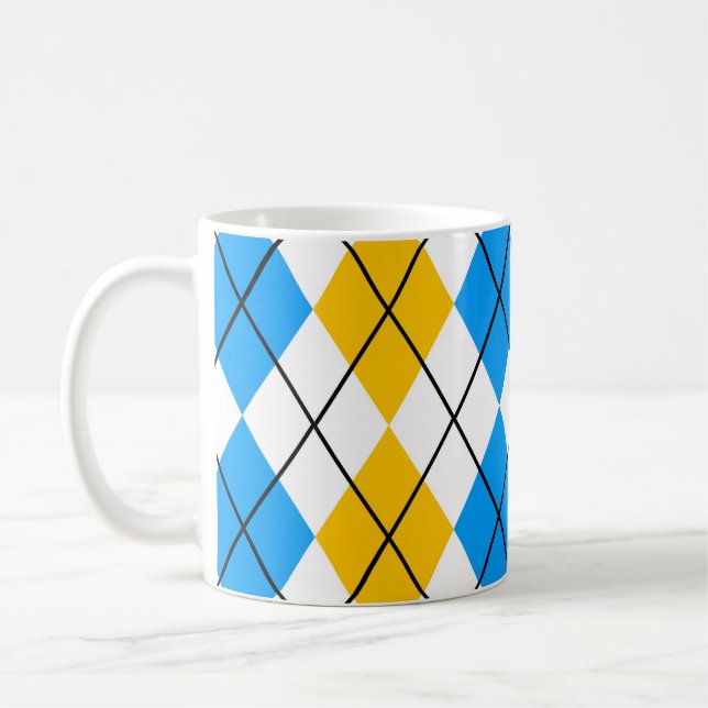 Yellow Blue White Argyle Diamond Design  Coffee Mug (Left)