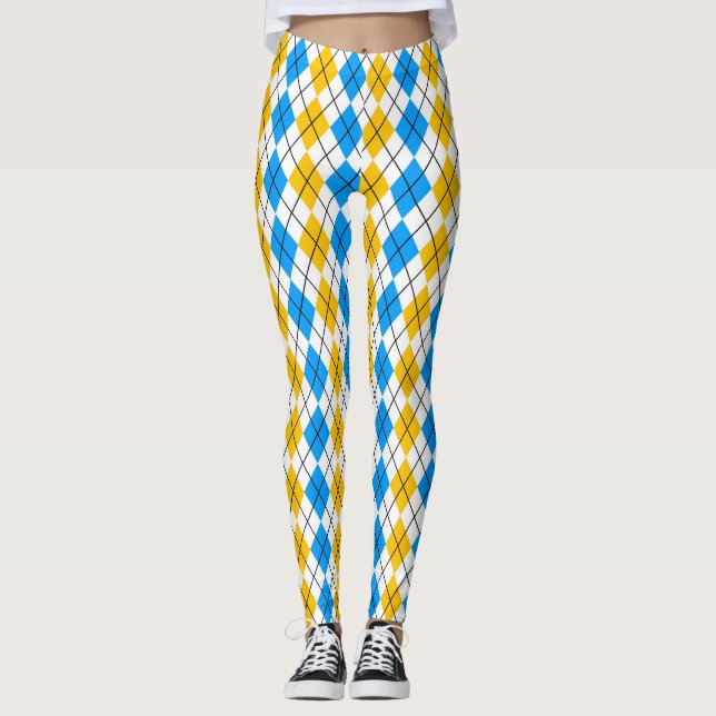 Yellow Blue White Argyle Diamond Design  Leggings (Front)
