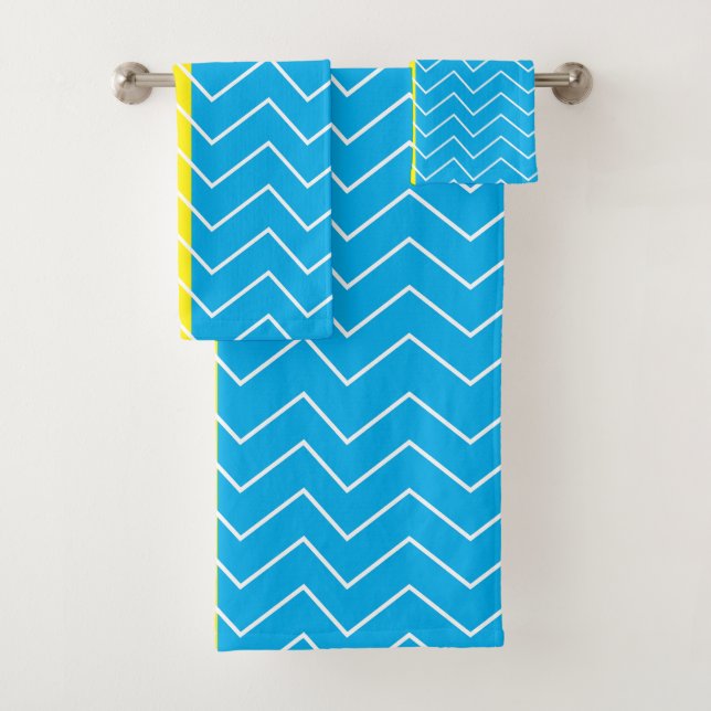 Yellow Blue White Chevron Colour Block Pattern Bath Towel Set (Insitu)