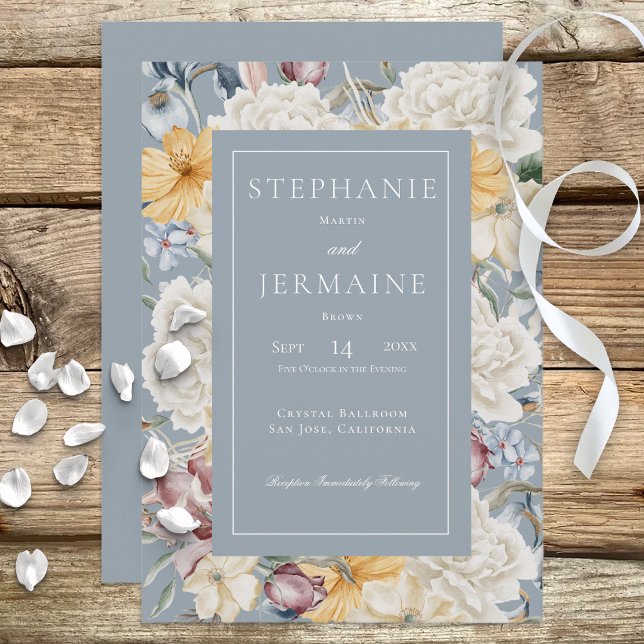 Yellow Blue & White Floral On Blue Wedding Invitation (Creator Uploaded)