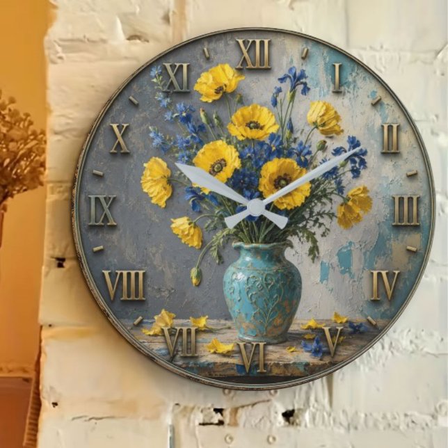 Yellow & Blue Wildflower Elegant Botanical Vase De Large Clock (Creator Uploaded)