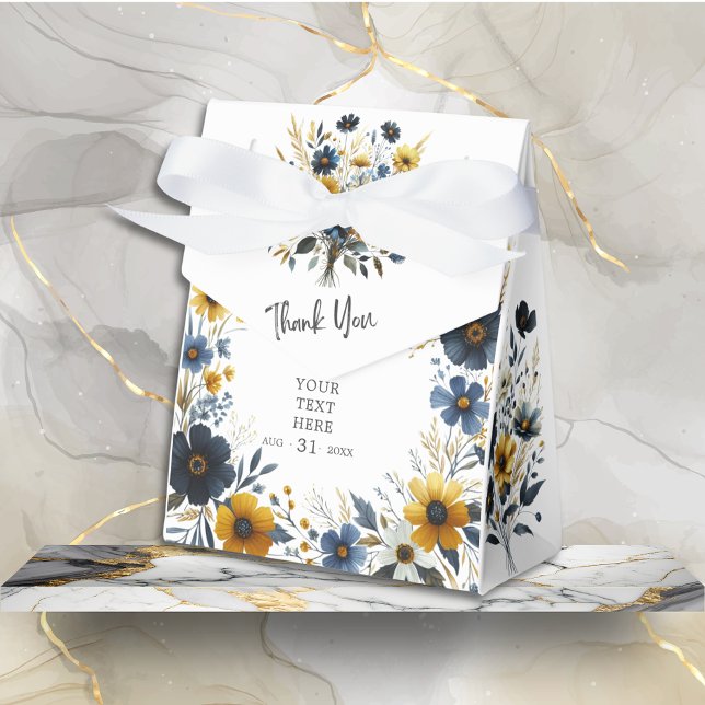 Yellow Blue Wildflower Elegant Party Thank You Favour Box (Blue Yellow Elegant Wildflower Thank You Favor Box with White Bow for event party gifts or treats.)