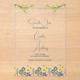 Yellow Blue Wildflower Floral Boho Wedding Acrylic Invitations
