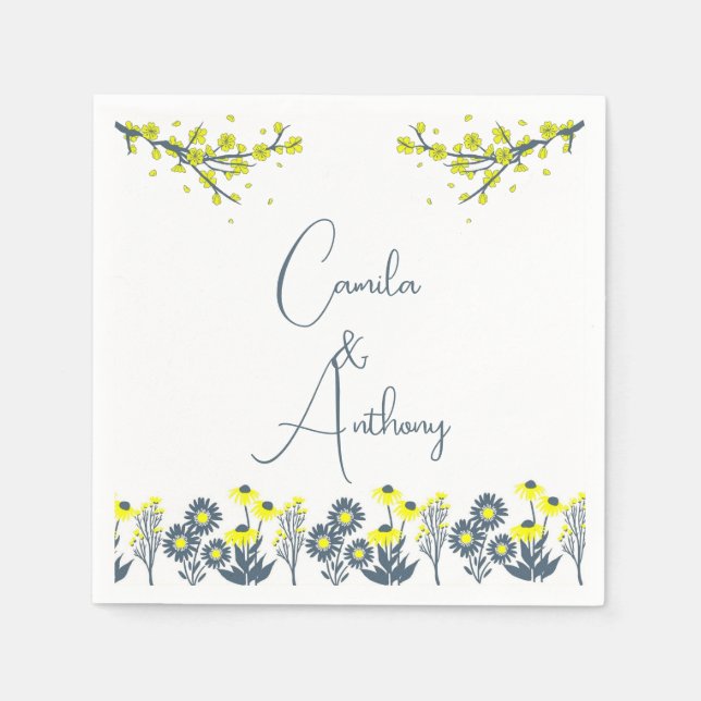 Yellow Blue Wildflower Floral Boho Wedding Napkin (Front)