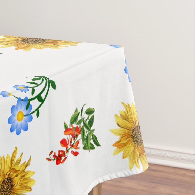 Yellow Blue Wildflower Floral on White  Tablecloth (In Situ)