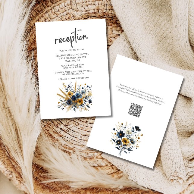 Yellow Blue Wildflowers Elegant Wedding Reception Enclosure Card (Wedding Reception Enclosure Card with Dark Blue and Yellow Wildflowers, QR Code for Wedding Website.)