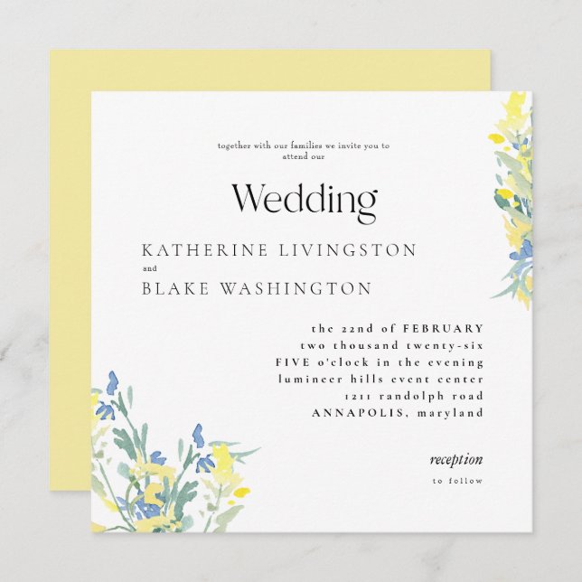 Yellow & Blue Wildflowers Square Wedding Invitation (Front/Back)