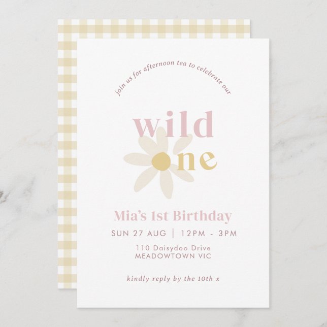 Yellow Blush Boho Daisy Floral First Birthday Invitation (Front/Back)