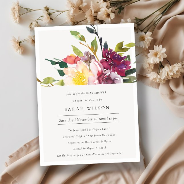 Yellow Blush Burgundy Floral Baby Shower Invite (Creator Uploaded)