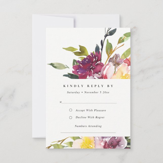 YELLOW BLUSH BURGUNDY FLORAL BUNCH WEDDING RSVP (Front)