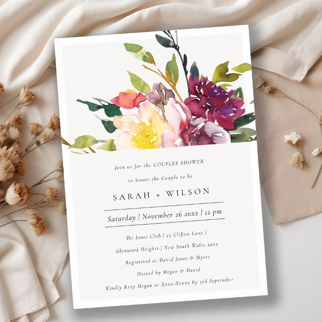 Yellow Blush Burgundy Floral Couples Shower Invite (Creator Uploaded)
