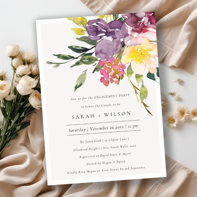 Yellow Blush Burgundy Floral Engagement Invite (Creator Uploaded)
