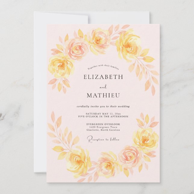 Yellow Blush Floral Embrace Wedding Invitation (Front)