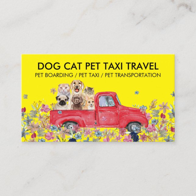 Yellow Boarding Truck Flowers Dogs Cats Pet Business Card (Front)
