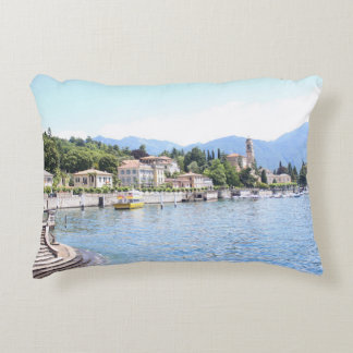 YELLOW BOAT DOCKED NEAR BUILDING DECORATIVE CUSHION