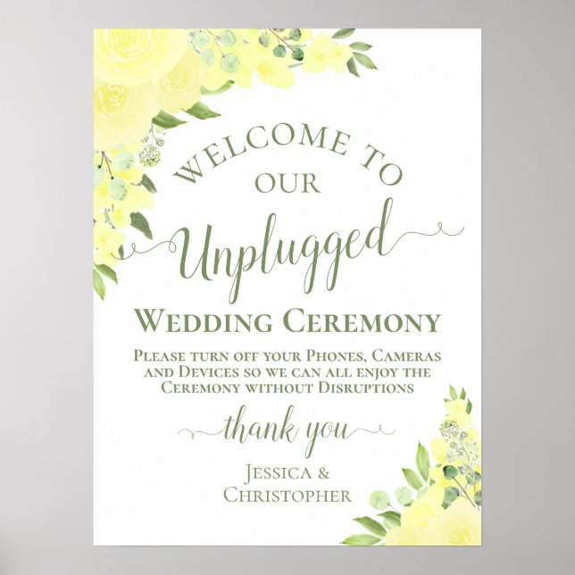 Yellow Boho Chic Roses Unplugged Wedding Ceremony Poster (Front)