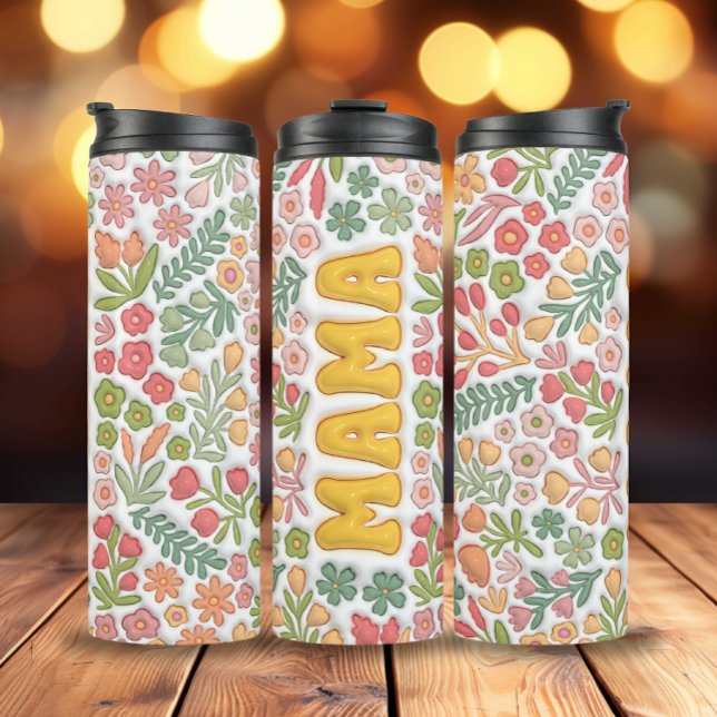 Yellow Boho Floral 3D Mama Thermal Tumbler (3D Inflated Yellow Boho Flowers Mama Thermal Tumbler)