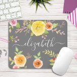 Yellow boho floral watercolor grey monogram script mouse pad<br><div class="desc">Yellow, pink, red and orange watercolor flowers and white script typography overlay a soft grey background on this beautiful, rustic, romantic, vintage floral custom name mousepad. Add your name to personalise. Makes a chic and stylish statement every time you use it. A great gift for a friend, as well as...</div>