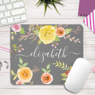 Yellow boho floral watercolor grey monogram script mouse pad