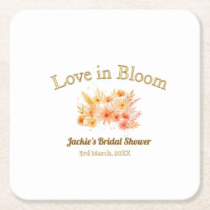 yellow boho love in Bloom bridal shower name retro Square Paper Coaster