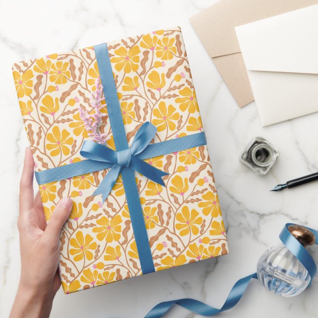 Yellow Boho Mid Century Modern Floral Pattern Wrapping Paper (Gifting)