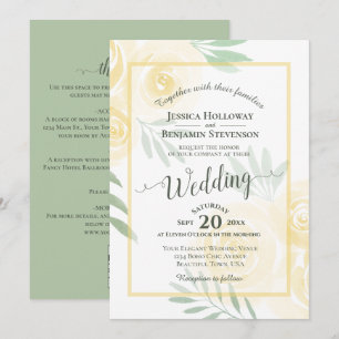 Yellow Boho Roses Calligraphy & QR Code Wedding Invitation