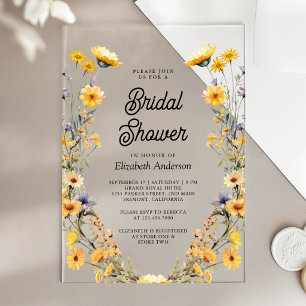 Yellow Boho Wildflower Floral Bridal Shower Acrylic Invitations