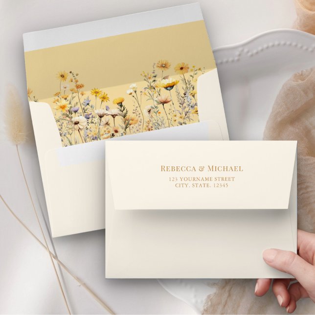 Yellow Boho Wildflower Floral Cream Wedding Envelope (Creator Uploaded)