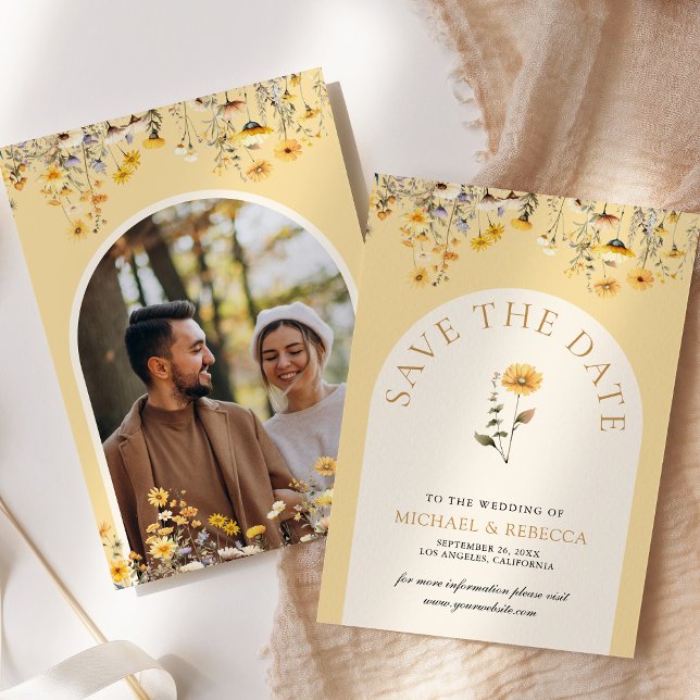Yellow Boho Wildflower Floral Wedding Photo Save The Date (Creator Uploaded)
