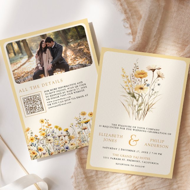 Yellow Boho Wildflower Photo QR Code Wedding Invitation (Creator Uploaded)