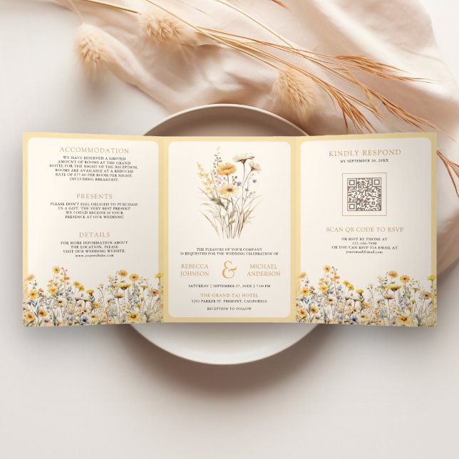 Yellow Boho Wildflower Photo QR Code Wedding Tri-Fold Invitation (Creator Uploaded)