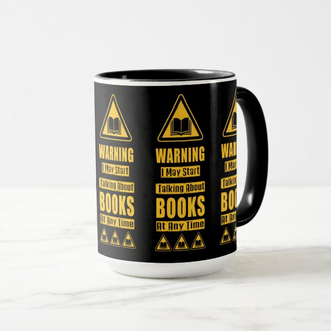 Yellow Book Lovers Warning Sign Mug (Front Right)