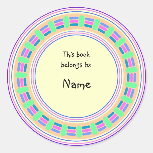 Yellow bookplate with colourful border classic round sticker (Front)