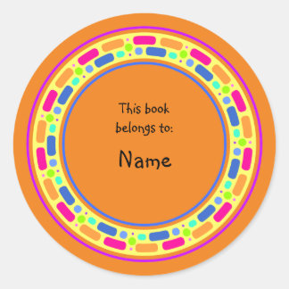 Yellow bookplate with colourful border classic round sticker