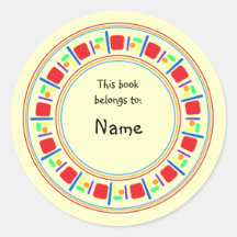 Yellow bookplate with colourful border