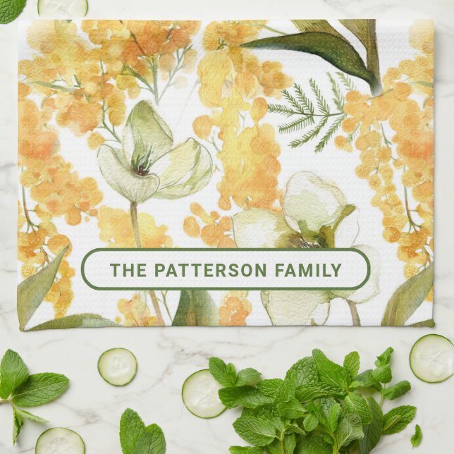 Yellow Botanical Floral Custom Name Gift Tea Towel (Folded)
