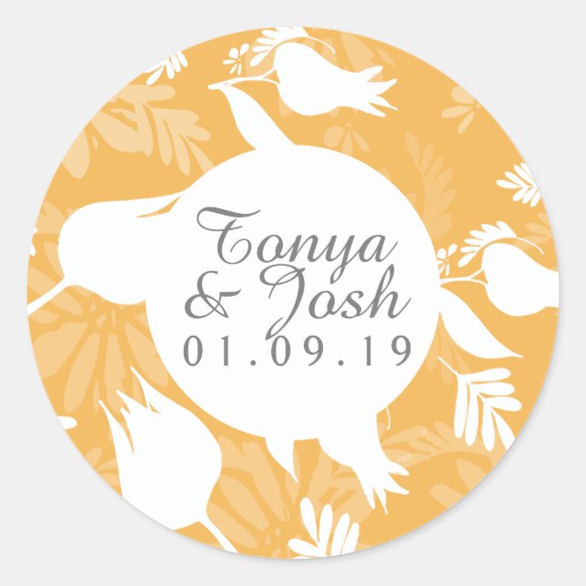 Yellow Botanical Floral Pattern Wedding Classic Round Sticker (Front)