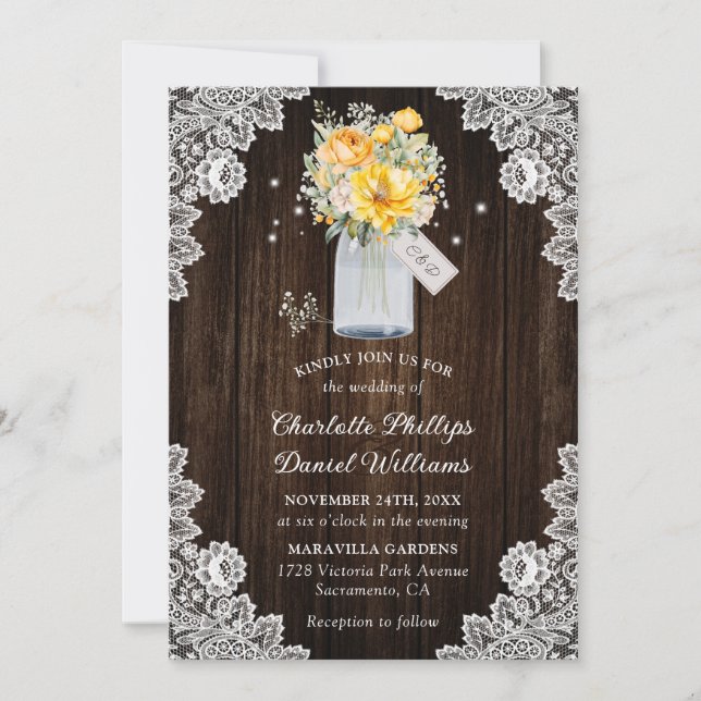 Yellow Botanical Rustic Wood Lace Wedding Invitation (Front)