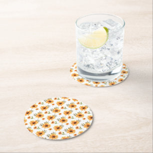 Yellow Botanical Sunflower Greenery Dining Round Paper Coaster