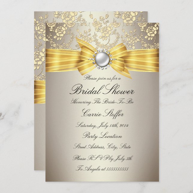 Yellow Bow Beige Rose Bridal Shower Invitation (Front/Back)