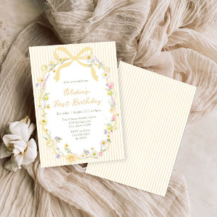 Yellow Bow Floral Stripes Birthday Invitation