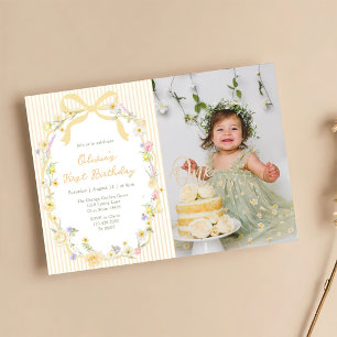 Yellow Bow Floral Stripes Photo Birthday Invitation