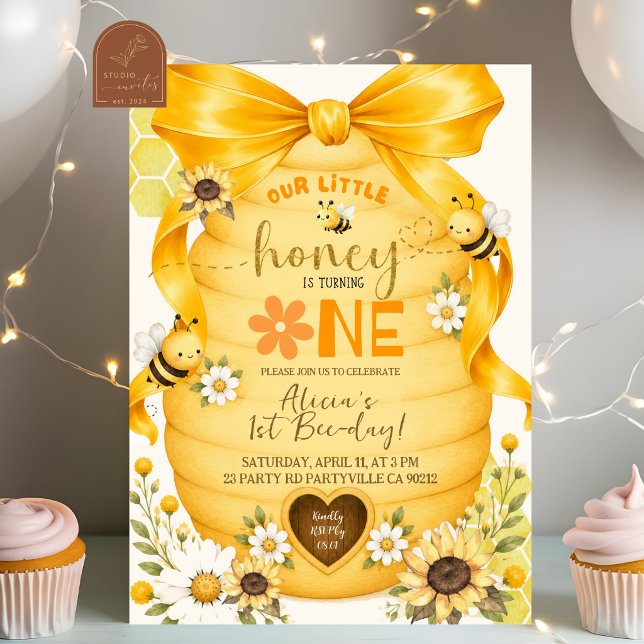 Yellow Bow Honey Bee Birthday Invitation (Creator Uploaded)