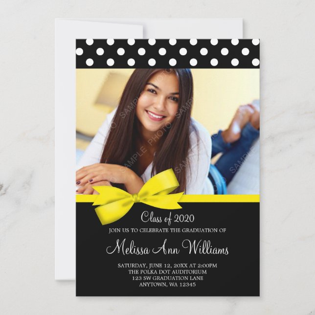 Yellow Bow Polka Dot Photo Graduation Announcement (Front)