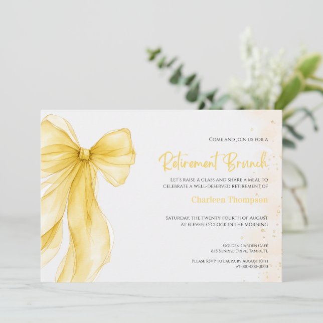 Yellow Bow Retirement Brunch Invitation (Standing Front)