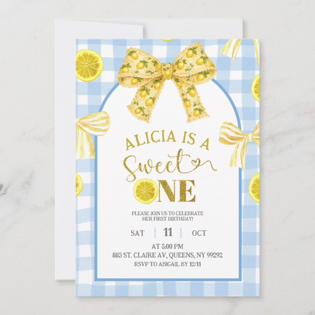 Yellow Bow Sweet 1 Lemon Blue and Yellow Birthday Invitation (Front)